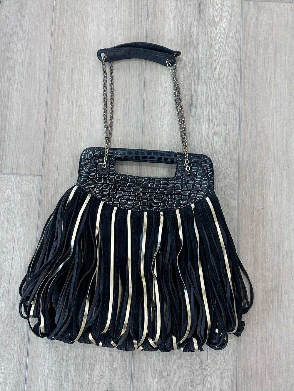 Katherine kwei New York suede leather fringe bag black gold